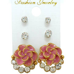 Набір Сережки Пишноцвіт Рожевий зі Стразами + Пусети Стрази 2 пари, Біжутерія