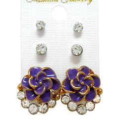 Набір Сережки Пишноцвіт Фіолетовий зі Стразами + Пусети Стрази 2 пари, Біжутерія