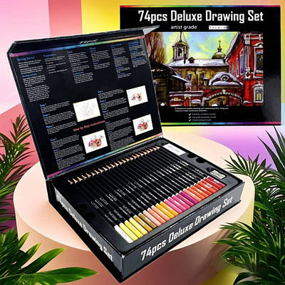 Дитячий набір кольорових олівців для малювання 74 предметів для розвитку творчості хлопчику дівчинці в коробці