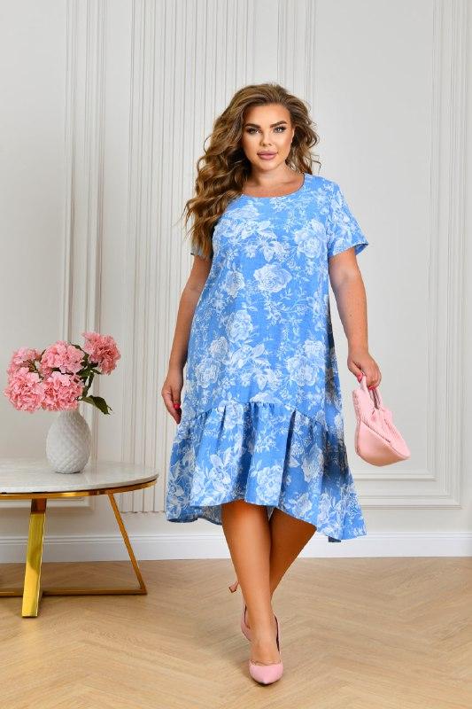 Блакитна літня сукня з коротким рукавом тканина креп батал