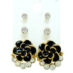 Набір Сережки Пишноцвіт Чорний зі Стразами + Пусети Стрази 2 пари, Біжутерія