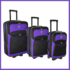 Валіза дорожній на коліщатках набір 3 шт маленький середній великий Bonro Style чорно фіолетовий тканина текстиль