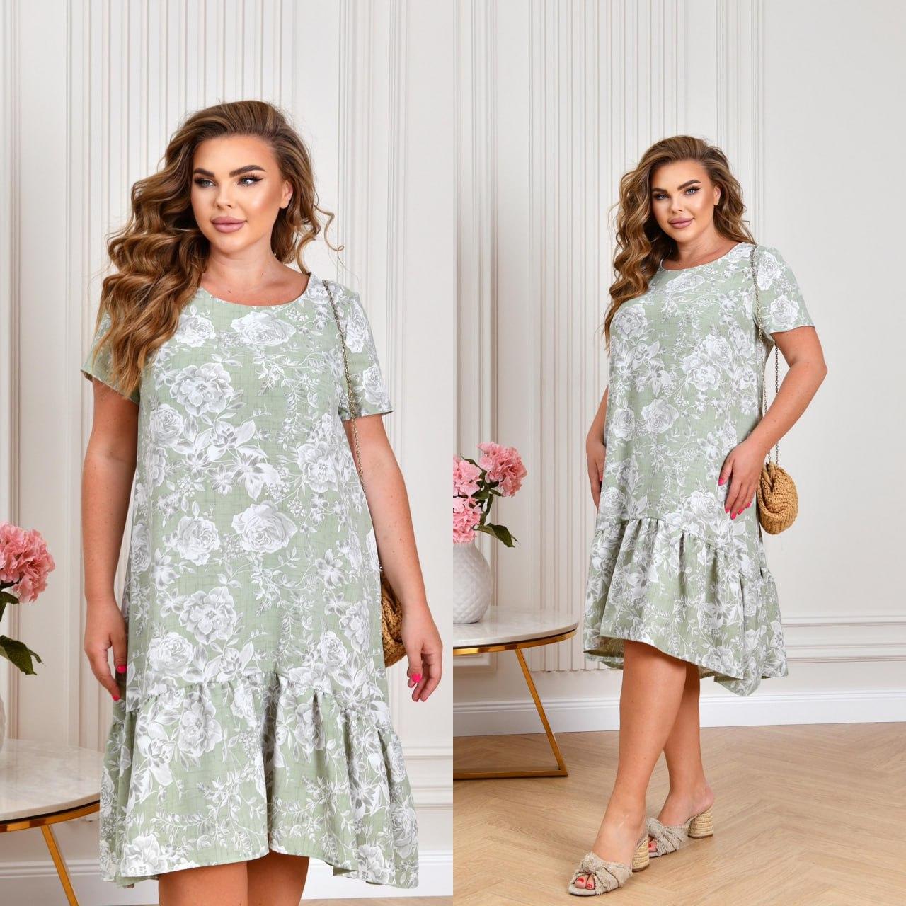 Легка літня сукня в квіти вільного крою з воланом по подолу, батал великі розміри, фото 1