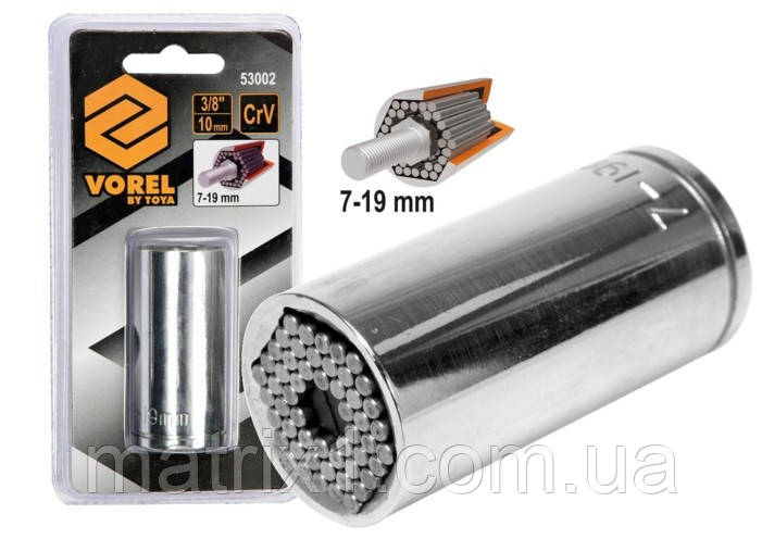 Головка торцева універсальна квадрат 3/8", M 7-19, L = 53 мм, CrV VOREL 53002 (Польща)
