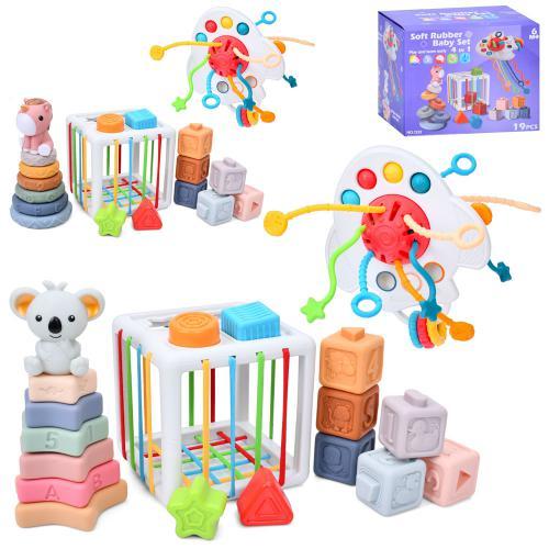 Гра 4в1, куб 14 см, грані-гумки, сортер, фігурки-брязкальце, кубики-пазли