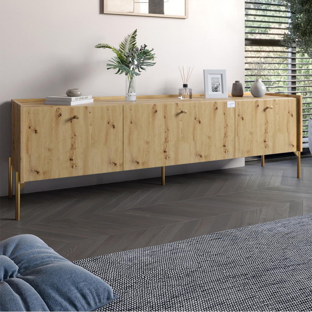 Тумба під телевізор на 3 шухляди LION Wood з золотими ніжками 160х65х40 см Дуб Артизан (LION-042992)