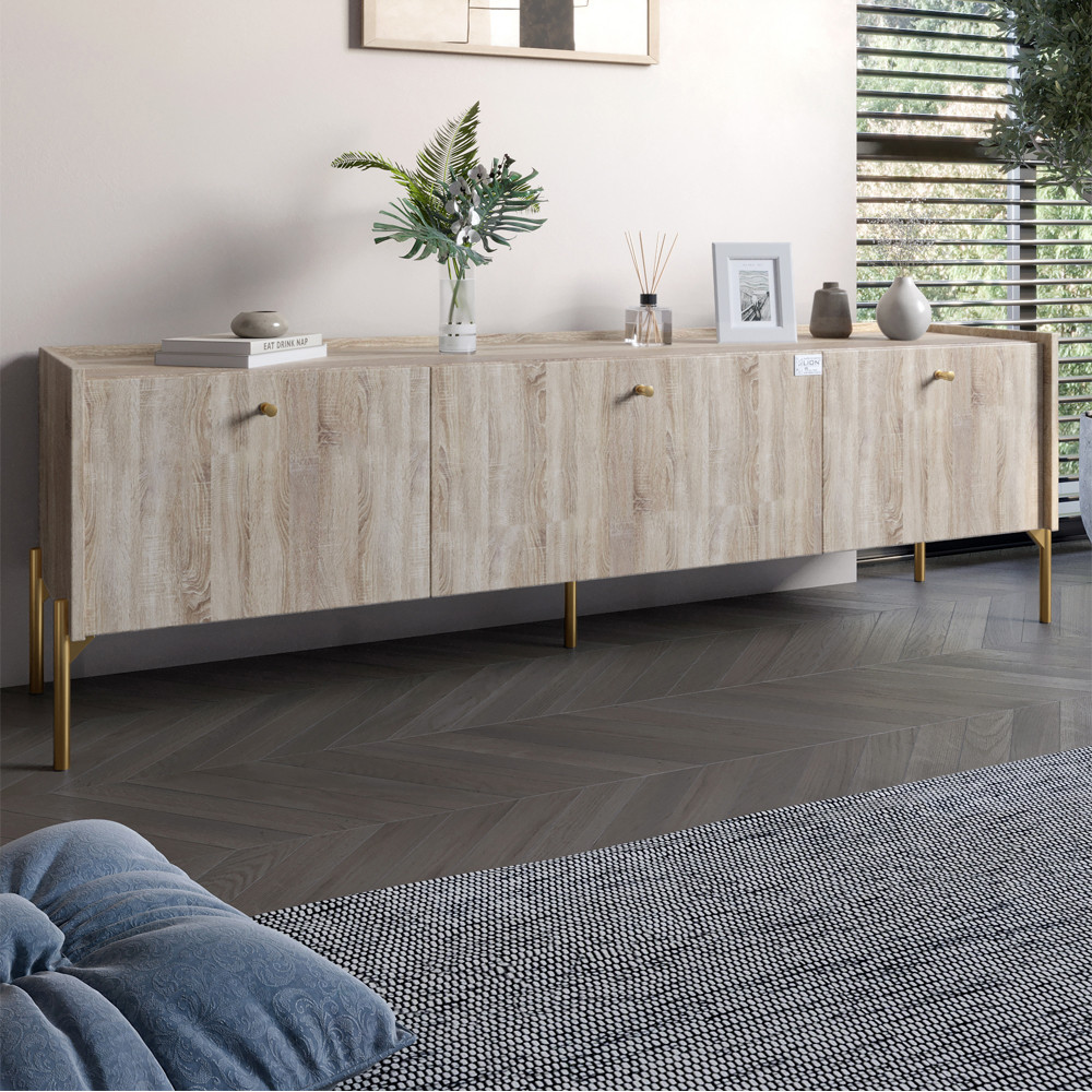 Тумба під телевізор на 3 шухляди LION Wood з золотими ніжками 160х65х40 см Дуб Сонома (LION-042994)