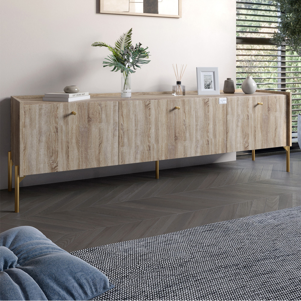 Тумба під телевізор на 3 шухляди LION Wood з золотими ніжками 160х65х40 см Дуб Сонома Трюфель (LION-042995)