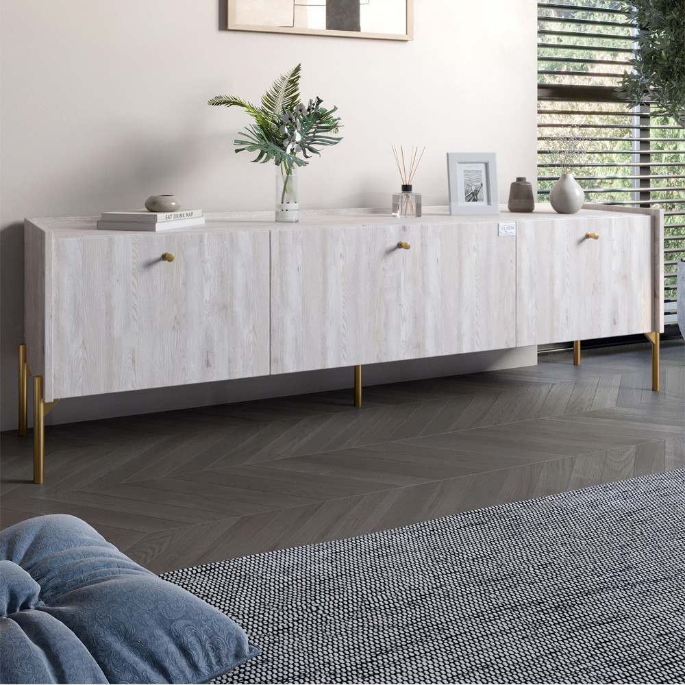 Тумба під телевізор на 3 шухляди LION Wood з золотими ніжками 160х65х40 см Самоа Димчастий (LION-042999)