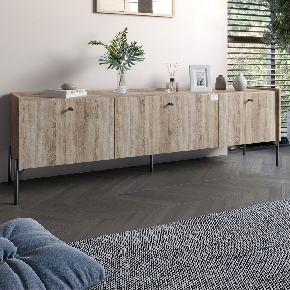 Тумба під телевізор на 3 шухляди LION Wood з чорними ніжками 160х65х40 см Дуб Сонома Трюфель (LION-043101)