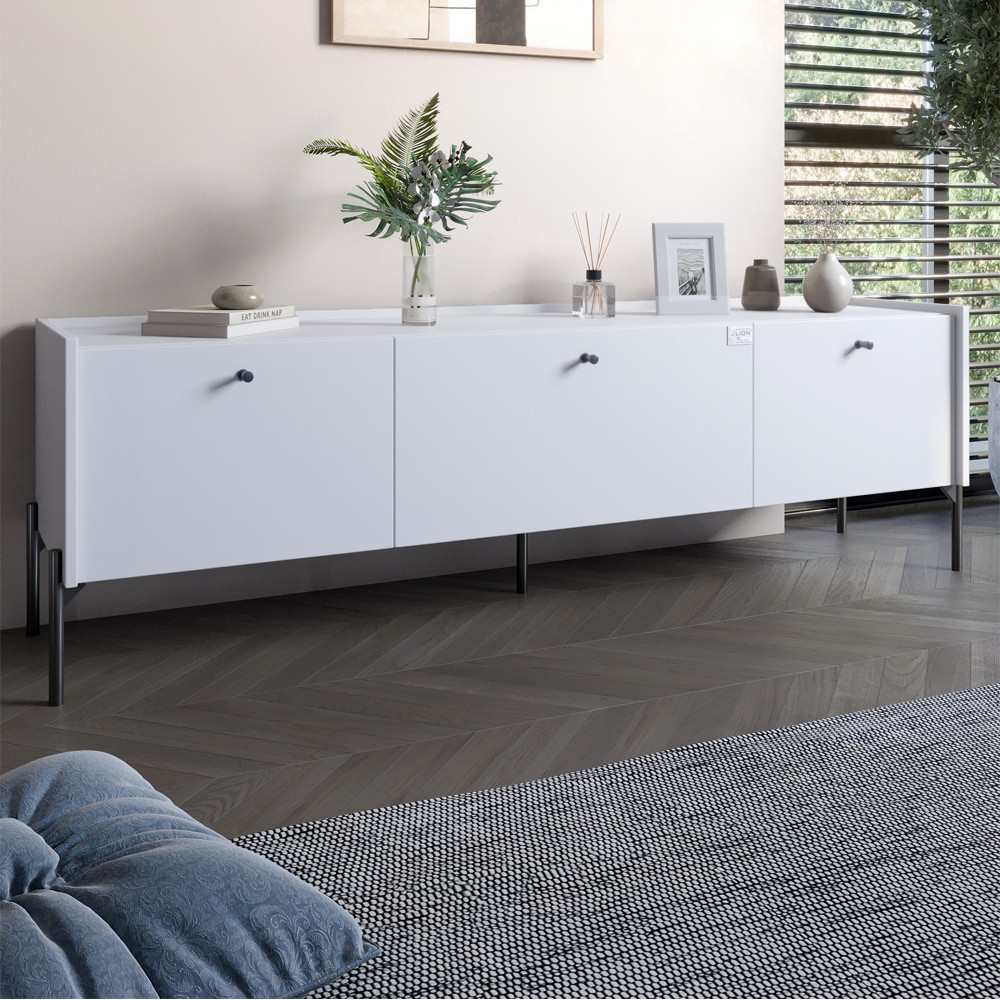 Тумба під телевізор на 3 шухляди LION Wood з чорними ніжками 160х65х40 см Німфея Альба (білий) (LION-043102)