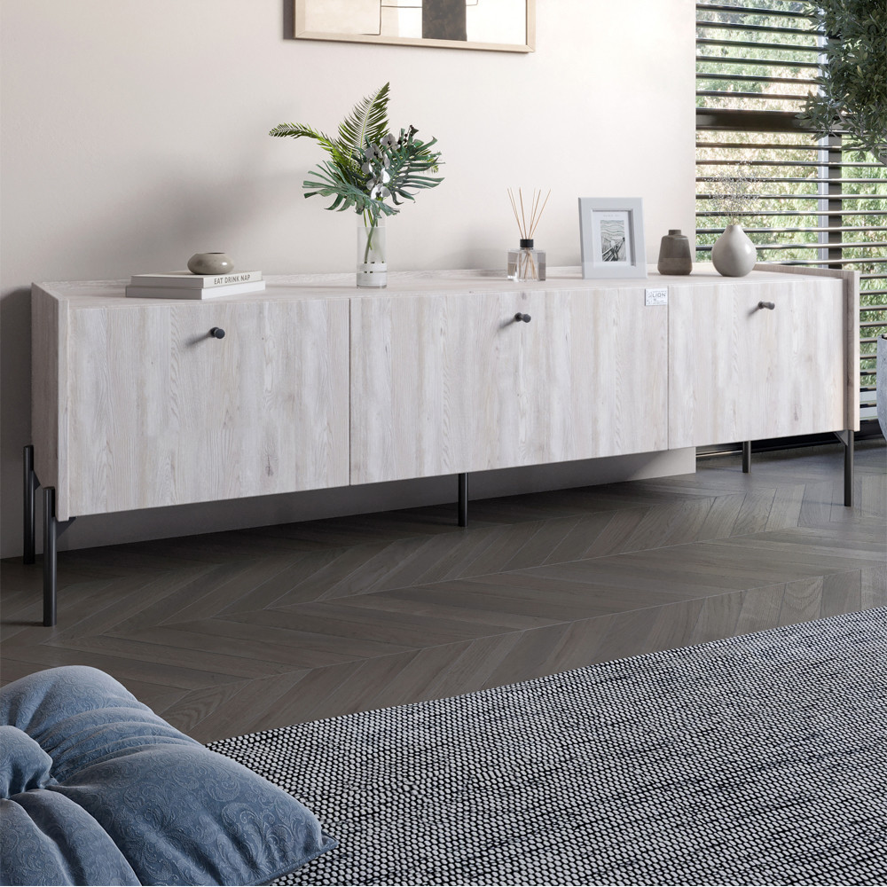 Тумба під телевізор на 3 шухляди LION Wood з чорними ніжками 160х65х40 см Самоа Димчастий (LION-043104)