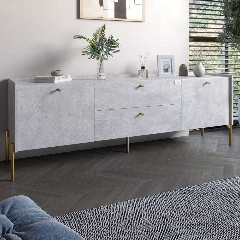 Тумба під телевізор з шухлядами LION Wood з золотими ніжками 180х50х40 см Бетон (LION-043108)