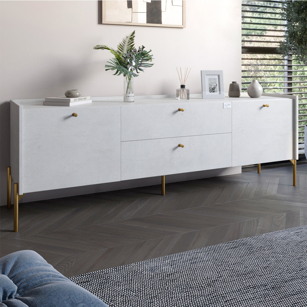 Тумба під телевізор з шухлядами LION Wood з золотими ніжками 180х50х40 см Бетон style (LION-043109)