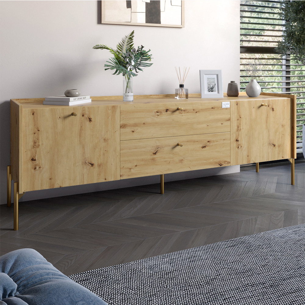 Тумба під телевізор з шухлядами LION Wood з золотими ніжками 180х50х40 см Дуб Артизан (LION-043113)