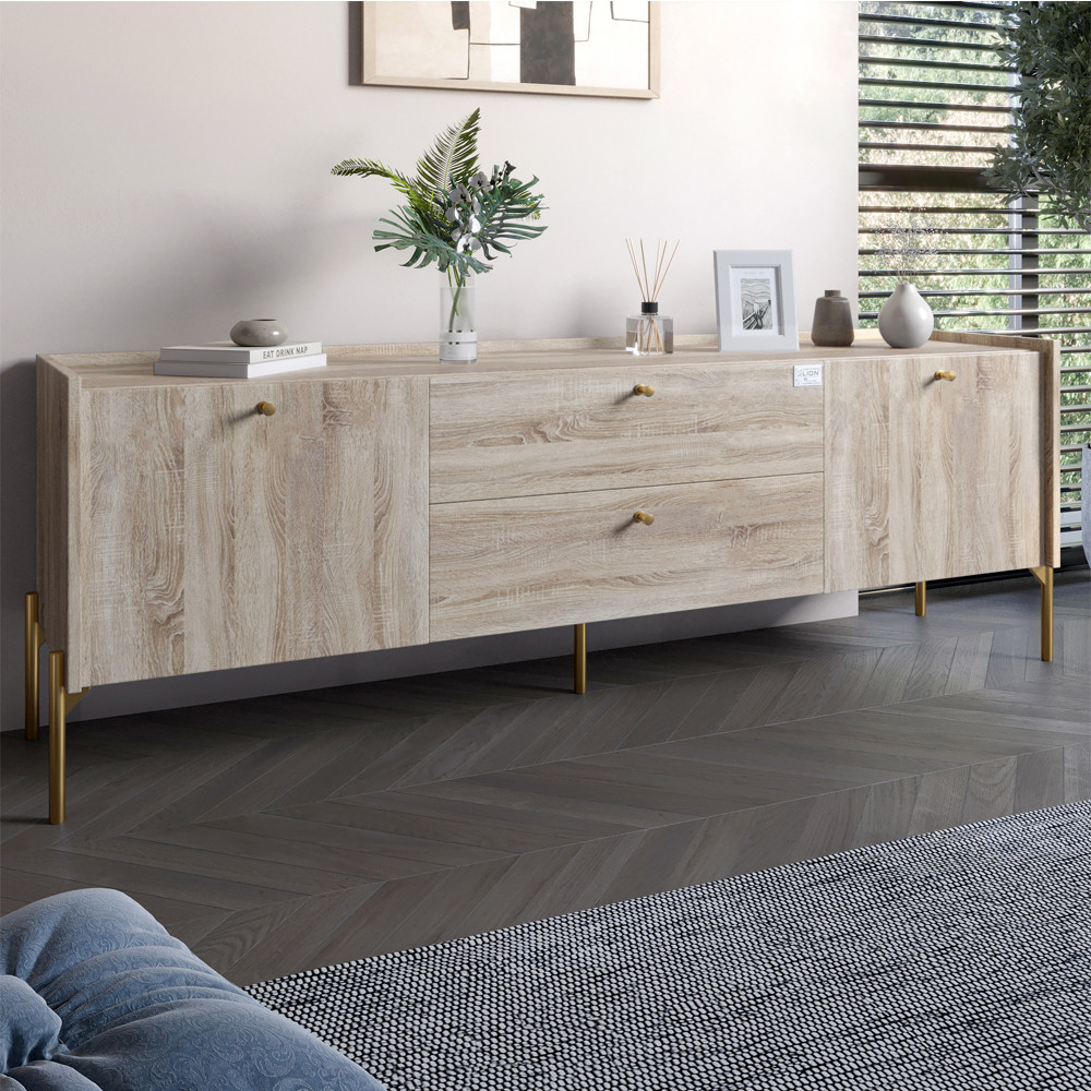 Тумба під телевізор з шухлядами LION Wood з золотими ніжками 180х50х40 см Дуб Сонома (LION-043115)