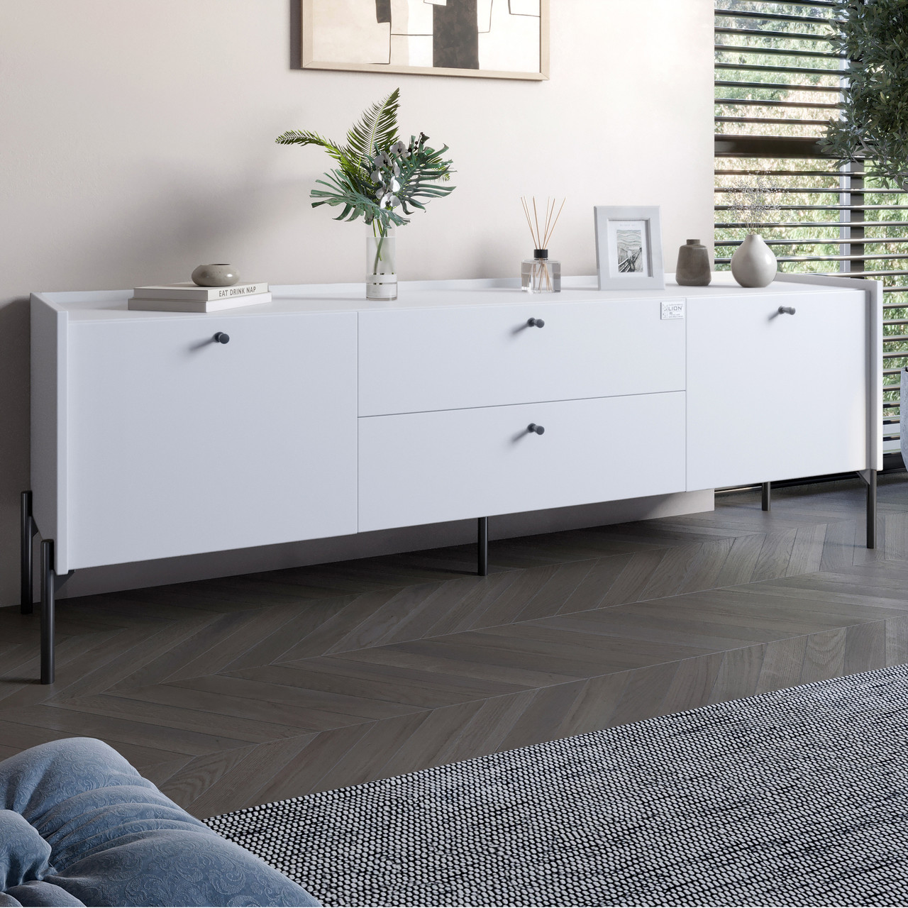 Тумба під телевізор з шухлядами LION Wood з чорними ніжками 180х50х40 см Німфея Альба (білий) (LION-043132)