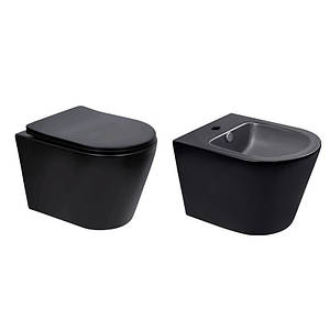 Комплект Qtap Scorpio Matt Black 2 в 1: Унітаз підвісний Ultra Quiet QT14332380AMB + біде підвісне