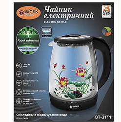 Чайник електричний скляний з квіткою 1,8 л 2400 Вт синій LED-підсвітка BITEK