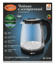 Скляний чайник з LED-підсвіткою. Електрочайник BITEK BT-3110, 1,8 л 2.4 кВт