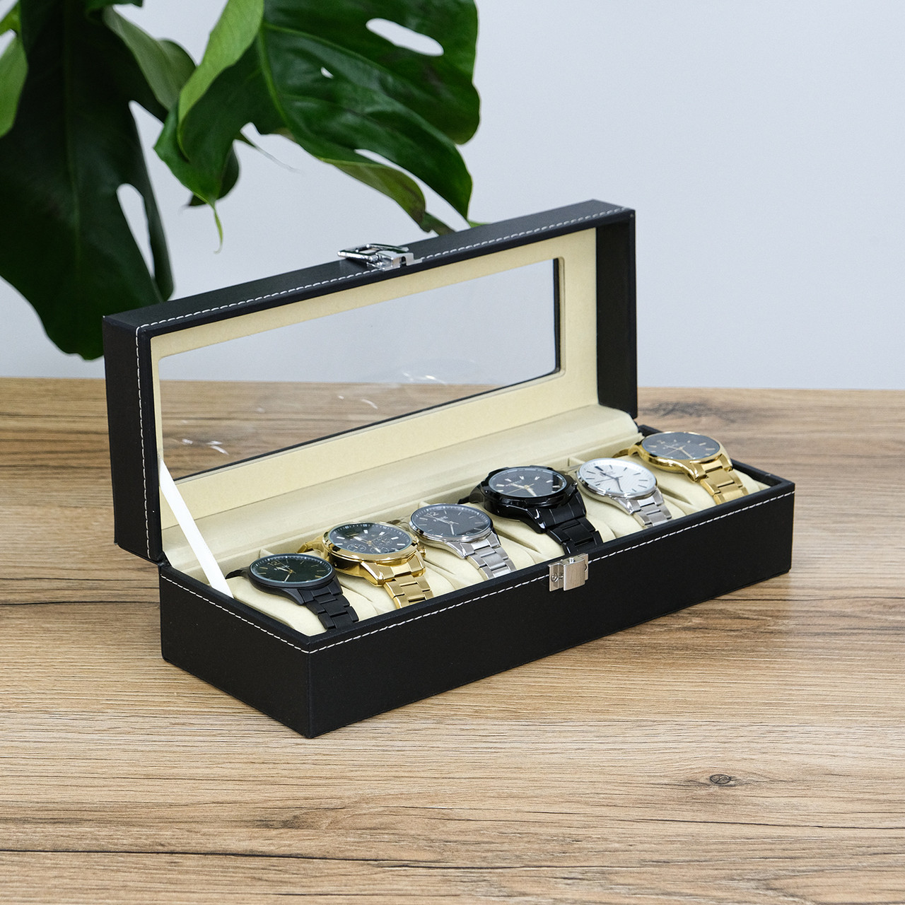 Скринька для годинників з 6 слотами, екошкіра чорна 31*11*10 см Гранд Презент JZ-027
