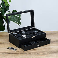 Шкатулка органайзер для годинників, двошарова 8 слотів, екошкіра чорна 34*21*13.5 см Гранд Презент JZ-029