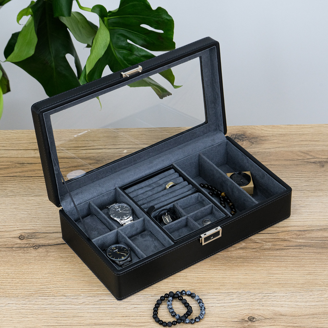 Шкатулка органайзер для годинників, 4 слотів, екошкіра чорна 36*19*9 см Гранд Презент JZ-023