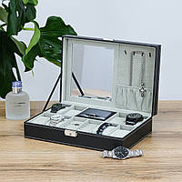 Шкатулка органайзер з дзеркалом для годинників, 8 слотів, екошкіра чорна 30*20*8 см Гранд Презент JZ-025