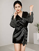 Халат черный под пояс и длинными кружевными рукавами Star Night стринги в комплекте, XS/S Амур