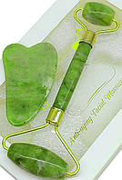 Подарунковий нефритовий масажний набір. Масажер валик ролик Avadona + скребок ГуаШа з натурального нефриту в EStyle