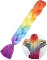 Канекалон AVADONA синтетичне волосся для плетіння коси, омбре веселка з бузковим