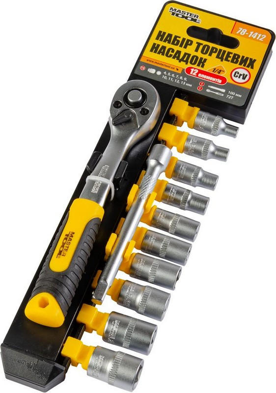 Набір насадок торцевих MASTERTOOL PROFI CrV 1/4" 4-13 мм подовжувач 100 мм тріскачка 72Т 12 шт 78-1412