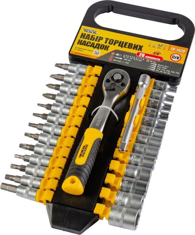 Набір насадок торцевих MASTERTOOL PROFI CrV 1/4" 4-14 мм подовжувач 100 мм тріскачка 72Т 28 шт 78-1428