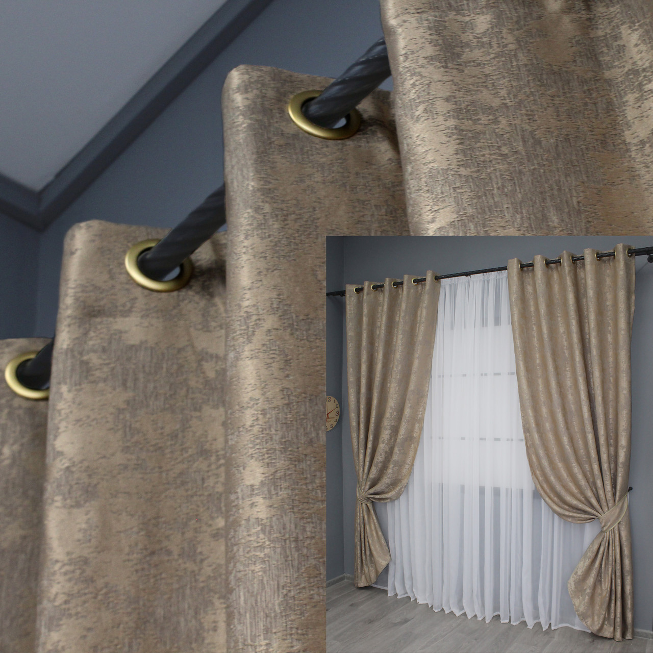 Комплект (2шт. 1,5х2,5м.) штор на люверсах, жакард "Sultan XO". Колір темно-бежевий. Код 1680ш 37-0195, фото 1