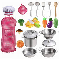Дитячий набір іграшкового посуду з продуктами фартухом і шапочкою 23 предмети (60696)