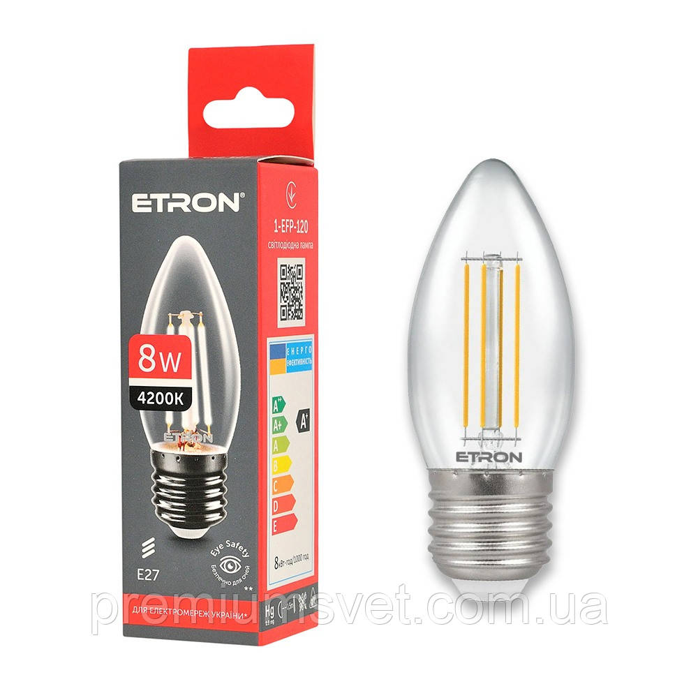 Лампа св/діод ETRON Filament Power C37 8W 4200K E27 прозоре скло(1-EFP-120)