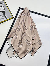 Шовкова хустка з котиками 90*90 см капучино ручна обробка краю