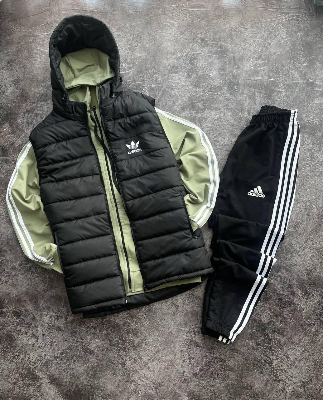 Чоловічий спортивний костюм Adidas Кофта на змійці з капюшоном + Штани + Жилетка хакі Адідас весняний