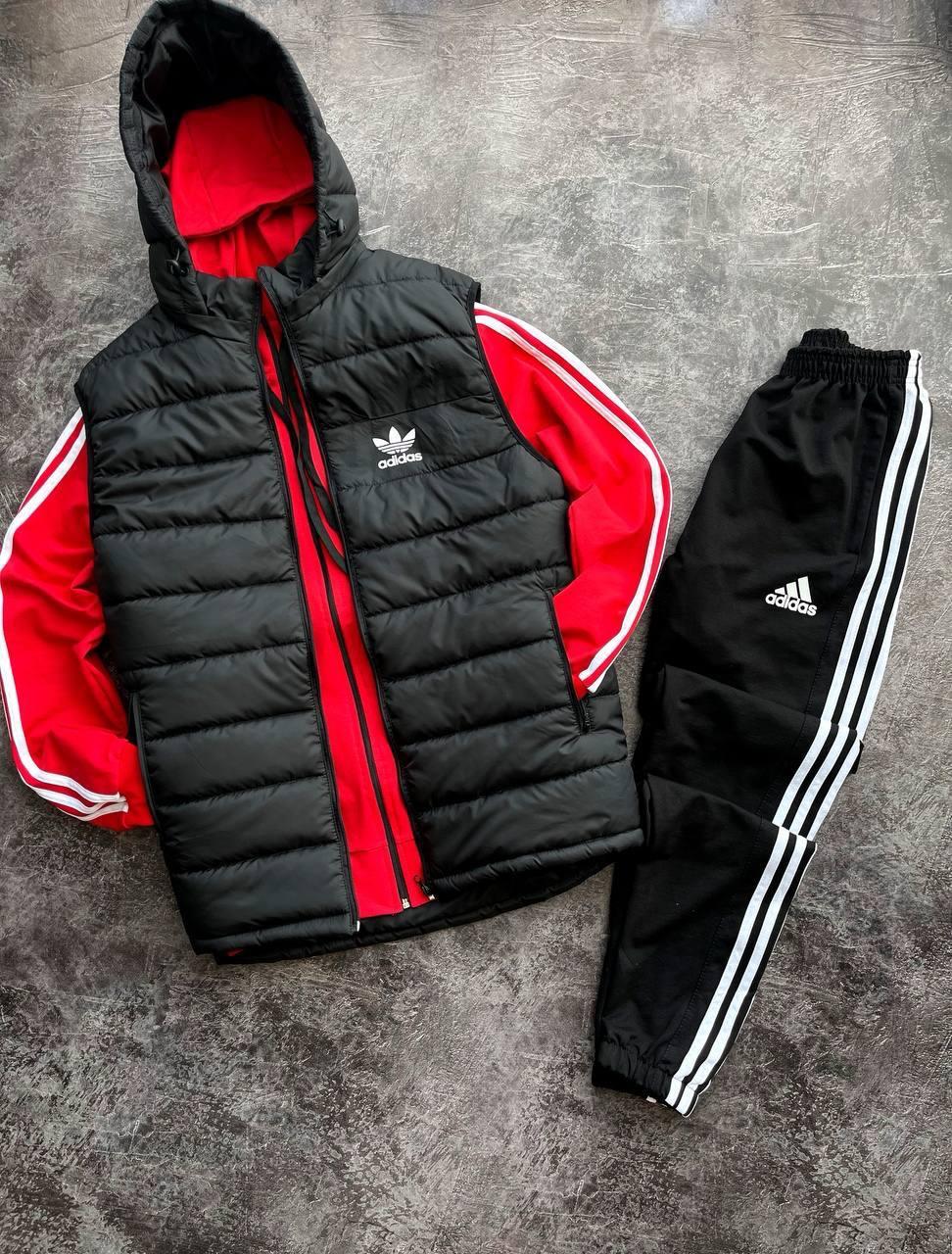 Чоловічий спортивний костюм Adidas Кофта на змійці з капюшоном + Штани + Жилетка червоний Адідас весняний