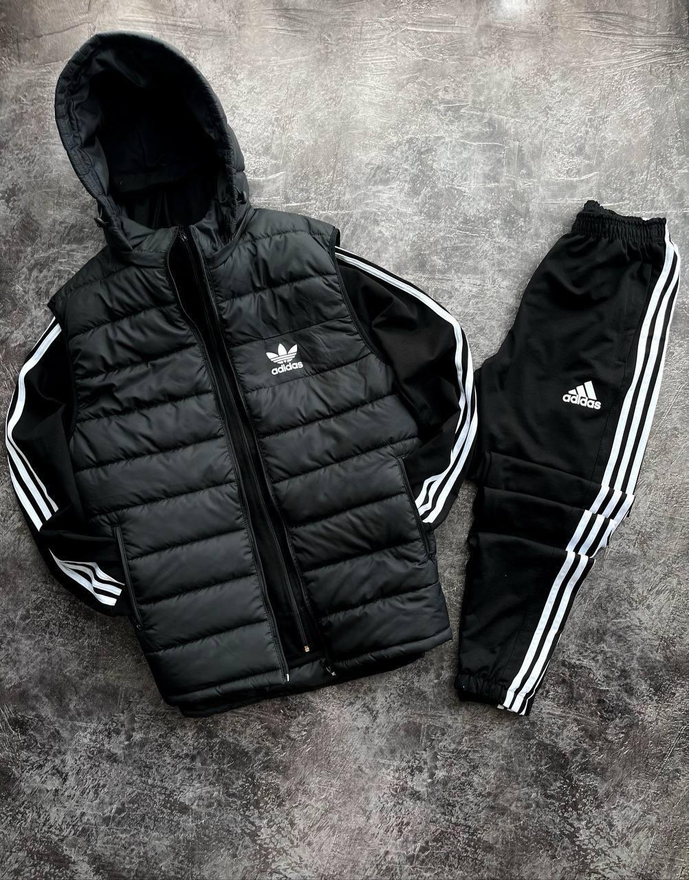 Чоловічий спортивний костюм Adidas Кофта на змійці з капюшоном + Штани + Жилетка чорний Адідас весняний