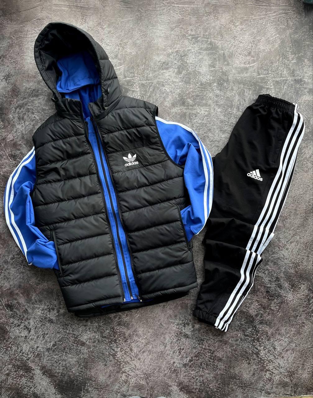 Чоловічий спортивний костюм Adidas Кофта на змійці з капюшоном + Штани + Жилетка синій Адідас весняний
