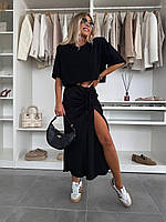 Стильная женская длинная юбка с разрезом на ноге на завязке шелк Армани SM LXL черный светлый беж шоколад