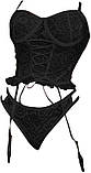 Чорний жіночий комплект білизни чорного кольору трусики, ліф корсетом та підв'язками, фото 3
