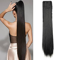 Штучний хвіст шиньйон на стрічках прямий довгий чорний 85 см