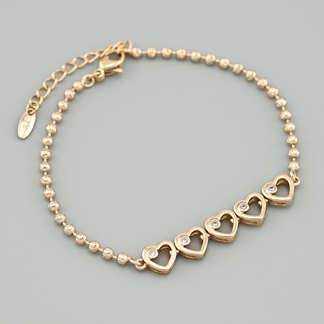 Браслет Сердечка 50868 ширина 2.5 мм білі фіаніти позолота 18К довжина 17+3, фото 1