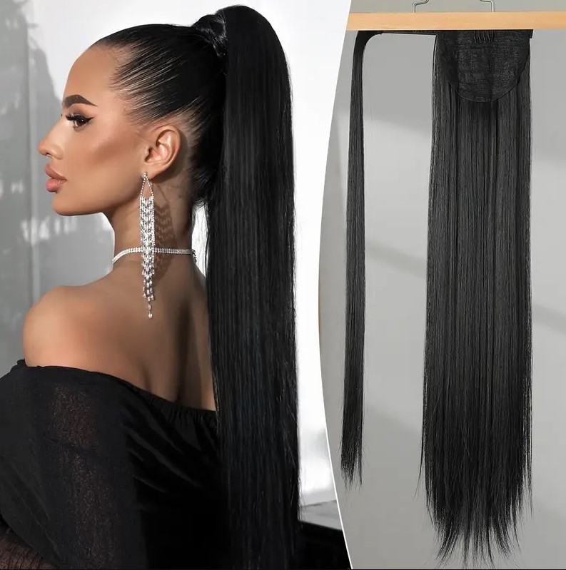 Шиньйон прямий довгий чорний 66 см на липучці термоволокно, фото 1