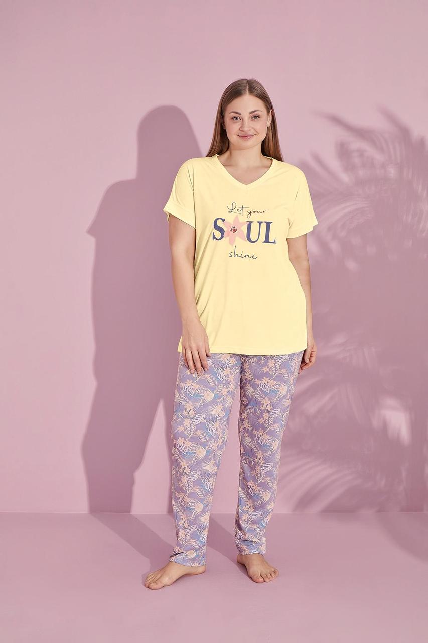 Піжама жіноча БАТАЛ ШТАНЦІ та футболка 3XL-6XL ЖОВТО-СІРИЙ ТУРЦІЯ 32044, фото 1