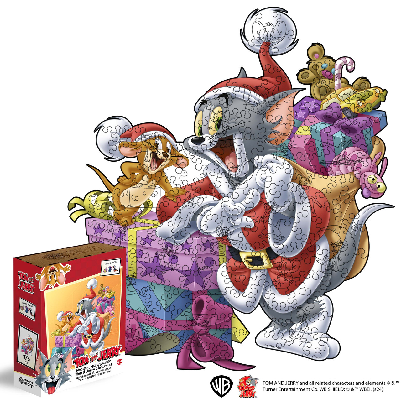Фігурний дерев'яний пазл Tom & Jerry™ Новорічний XL, фото 1