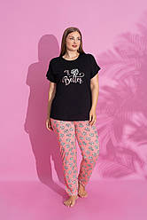 Піжама жіноча БАТАЛ ШТАНЦІ та футболка 3XL-6XL ЧОРНО-КОРАЛОВИЙ ТУРЦІЯ 32997