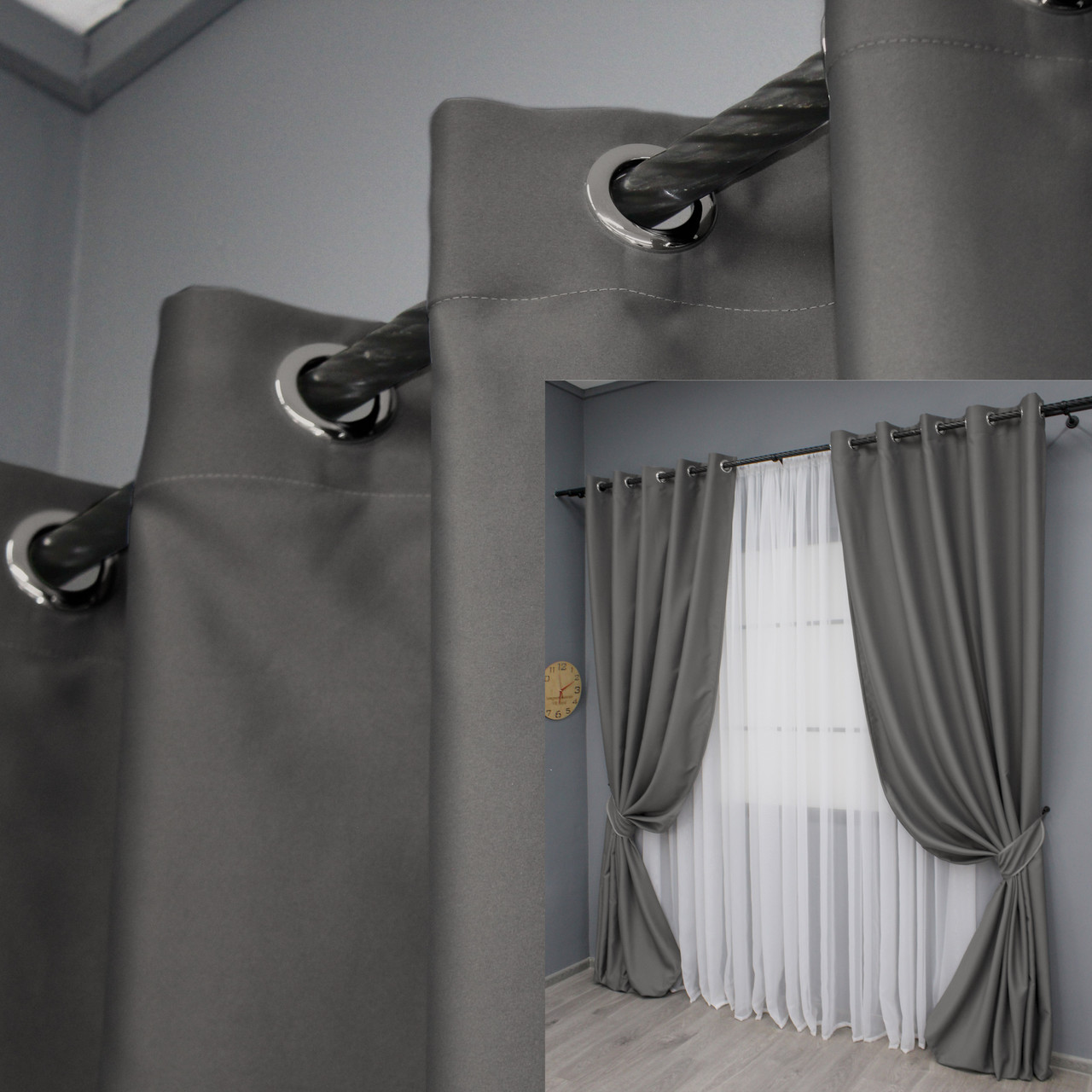 Комплект (2шт. 1,5х2,7м.) штор на люверсах із тканини блекаут "Midnight". Колір сірий. Код 1671ш 37-0208, фото 1
